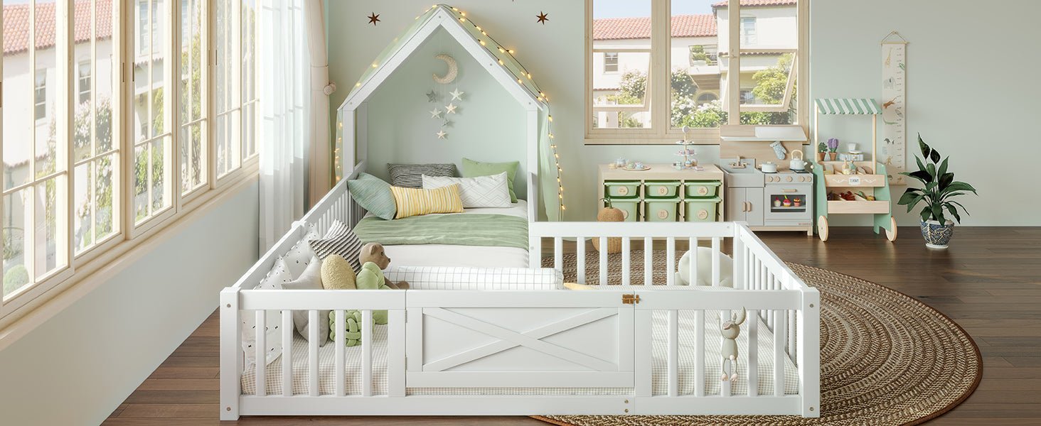 Bellemave® Double Floor Bed for Twins,Two Shared Beds,House Frame Twin Size Floor Bed with Guardrails and Door for 2 Kids,Girls,Boys,Grey - Bellemave