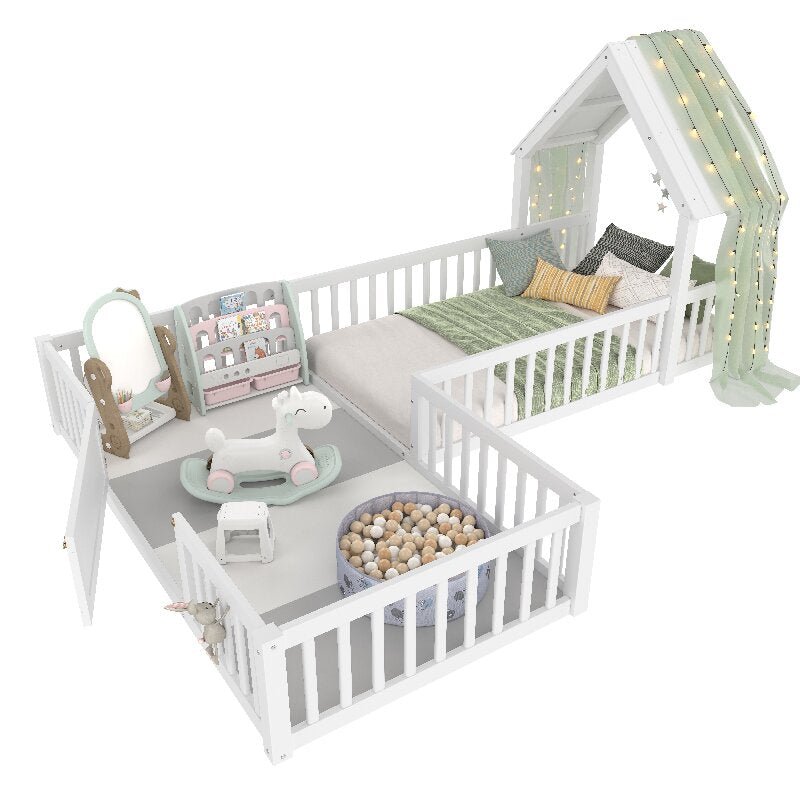 Bellemave® Double Floor Bed for Twins,Two Shared Beds,House Frame Twin Size Floor Bed with Guardrails and Door for 2 Kids,Girls,Boys,Grey - Bellemave