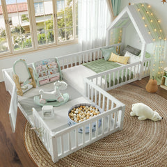 Bellemave® Double Floor Bed for Twins,Two Shared Beds,House Frame Twin Size Floor Bed with Guardrails and Door for 2 Kids,Girls,Boys,Grey - Bellemave