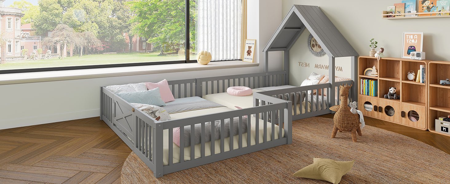 Bellemave® Double Floor Bed for Twins,Two Shared Beds,House Frame Twin Size Floor Bed with Guardrails and Door for 2 Kids,Girls,Boys,Grey - Bellemave
