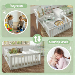 Bellemave® Double Floor Bed for Twins,Two Shared Beds,House Frame Twin Size Floor Bed with Guardrails and Door for 2 Kids,Girls,Boys,Grey - Bellemave