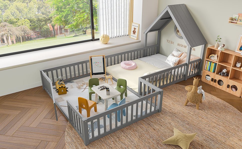 Bellemave® Double Floor Bed for Twins,Two Shared Beds,House Frame Twin Size Floor Bed with Guardrails and Door for 2 Kids,Girls,Boys,Grey - Bellemave