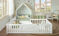 Bellemave® Double Floor Bed for Twins,Two Shared Beds,House Frame Twin Size Floor Bed with Guardrails and Door for 2 Kids,Girls,Boys,Grey - Bellemave