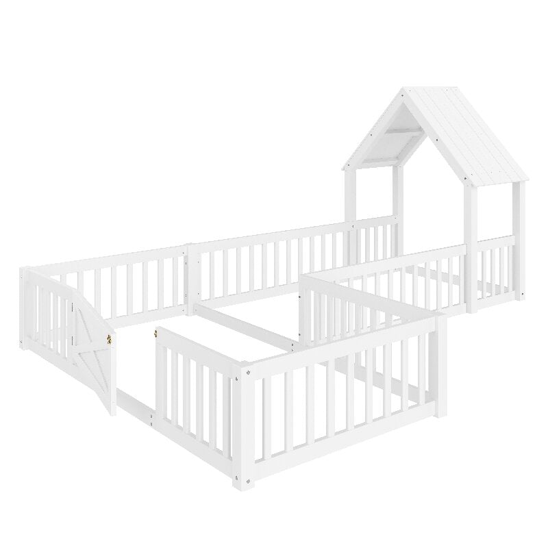 Bellemave® Double Floor Bed for Twins,Two Shared Beds,House Frame Twin Size Floor Bed with Guardrails and Door for 2 Kids,Girls,Boys,Grey - Bellemave