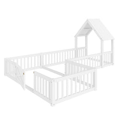 Bellemave® Double Floor Bed for Twins,Two Shared Beds,House Frame Twin Size Floor Bed with Guardrails and Door for 2 Kids,Girls,Boys,Grey - Bellemave