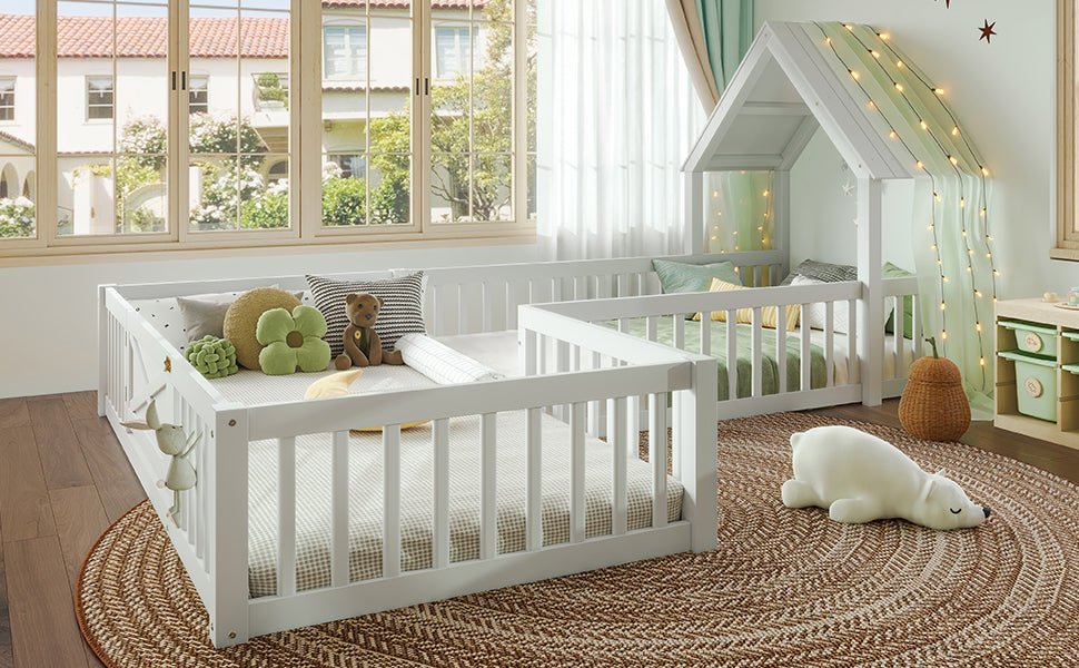 Bellemave® Double Floor Bed for Twins,Two Shared Beds,House Frame Twin Size Floor Bed with Guardrails and Door for 2 Kids,Girls,Boys,Grey - Bellemave