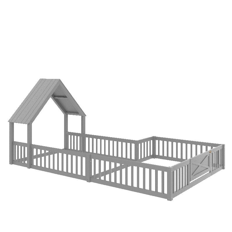 Bellemave® Double Floor Bed for Twins,Two Shared Beds,House Frame Twin Size Floor Bed with Guardrails and Door for 2 Kids,Girls,Boys,Grey - Bellemave