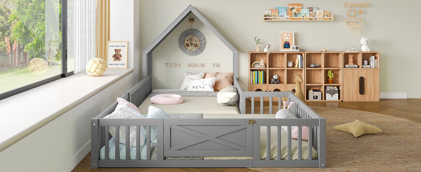 Bellemave® Double Floor Bed for Twins,Two Shared Beds,House Frame Twin Size Floor Bed with Guardrails and Door for 2 Kids,Girls,Boys,Grey - Bellemave