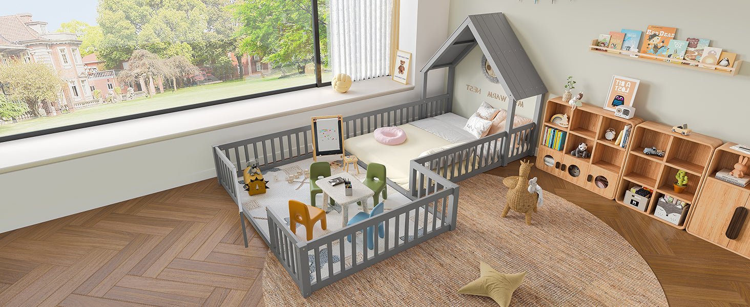 Bellemave® Double Floor Bed for Twins,Two Shared Beds,House Frame Twin Size Floor Bed with Guardrails and Door for 2 Kids,Girls,Boys,Grey - Bellemave