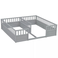 Bellemave® Double Twin Floor Bed with Guardrails, Pine Wood Kids Floor Bed with Open Entrance, Semi-Enclosed Montessori Bed Frame - Bellemave
