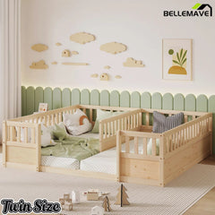 Bellemave® Double Twin Floor Bed with Guardrails, Pine Wood Kids Floor Bed with Open Entrance, Semi-Enclosed Montessori Bed Frame - Bellemave