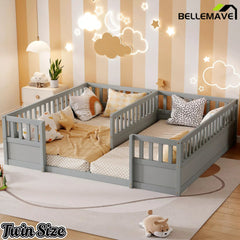 Bellemave® Double Twin Floor Bed with Guardrails, Pine Wood Kids Floor Bed with Open Entrance, Semi-Enclosed Montessori Bed Frame - Bellemave