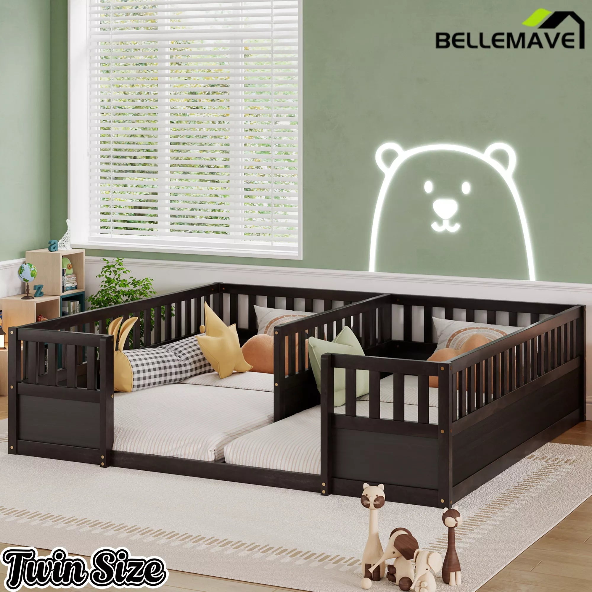 Bellemave® Double Twin Floor Bed with Guardrails, Pine Wood Kids Floor Bed with Open Entrance, Semi-Enclosed Montessori Bed Frame - Bellemave
