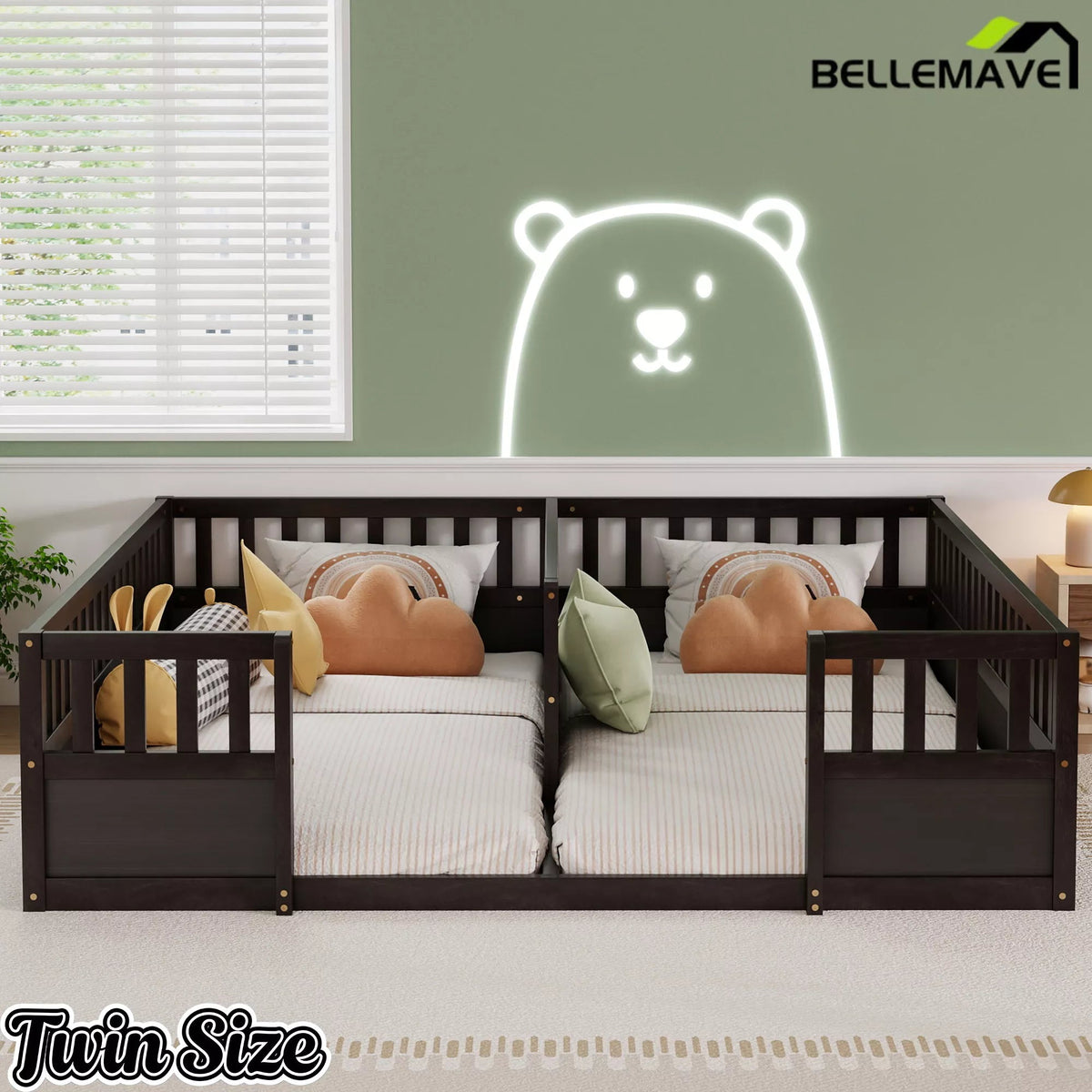 Bellemave® Double Twin Floor Bed with Guardrails, Pine Wood Kids Floor Bed with Open Entrance, Semi-Enclosed Montessori Bed Frame - Bellemave