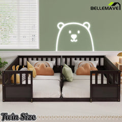 Bellemave® Double Twin Floor Bed with Guardrails, Pine Wood Kids Floor Bed with Open Entrance, Semi-Enclosed Montessori Bed Frame - Bellemave