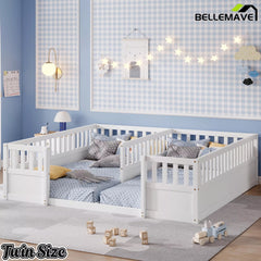 Bellemave® Double Twin Floor Bed with Guardrails, Pine Wood Kids Floor Bed with Open Entrance, Semi-Enclosed Montessori Bed Frame - Bellemave