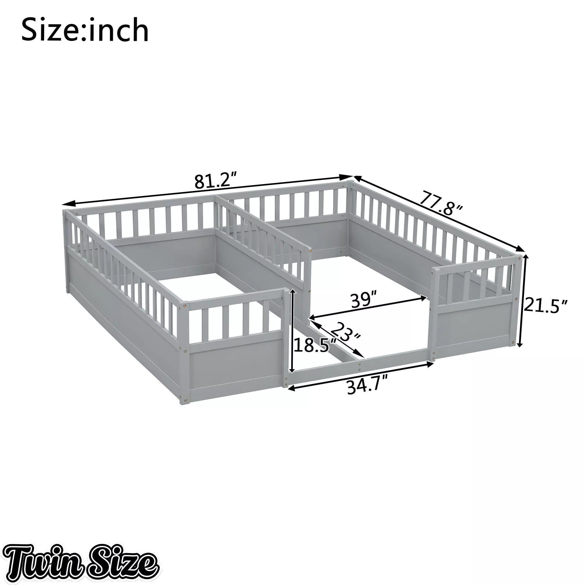 Bellemave® Double Twin Floor Bed with Guardrails, Pine Wood Kids Floor Bed with Open Entrance, Semi-Enclosed Montessori Bed Frame - Bellemave