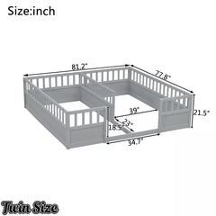 Bellemave® Double Twin Floor Bed with Guardrails, Pine Wood Kids Floor Bed with Open Entrance, Semi-Enclosed Montessori Bed Frame - Bellemave