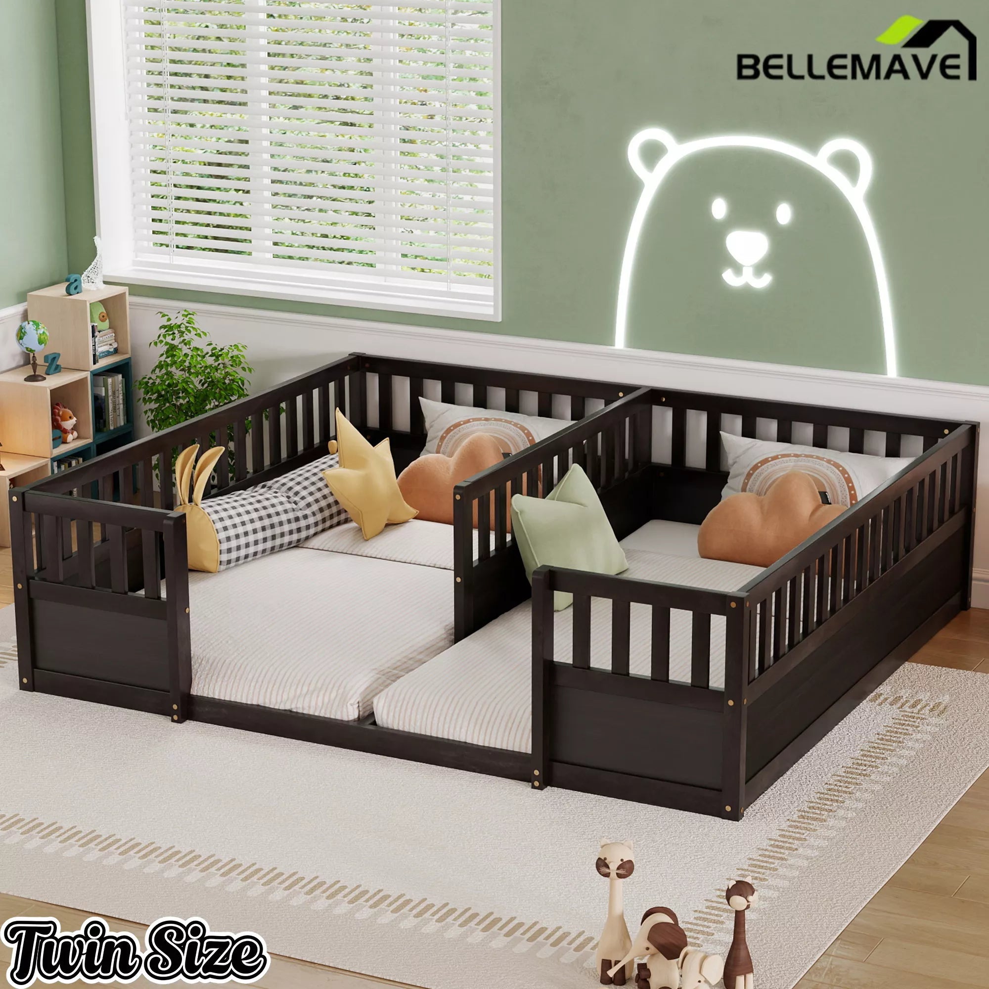 Bellemave® Double Twin Floor Bed with Guardrails, Pine Wood Kids Floor Bed with Open Entrance, Semi-Enclosed Montessori Bed Frame - Bellemave
