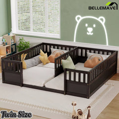 Bellemave® Double Twin Floor Bed with Guardrails, Pine Wood Kids Floor Bed with Open Entrance, Semi-Enclosed Montessori Bed Frame - Bellemave