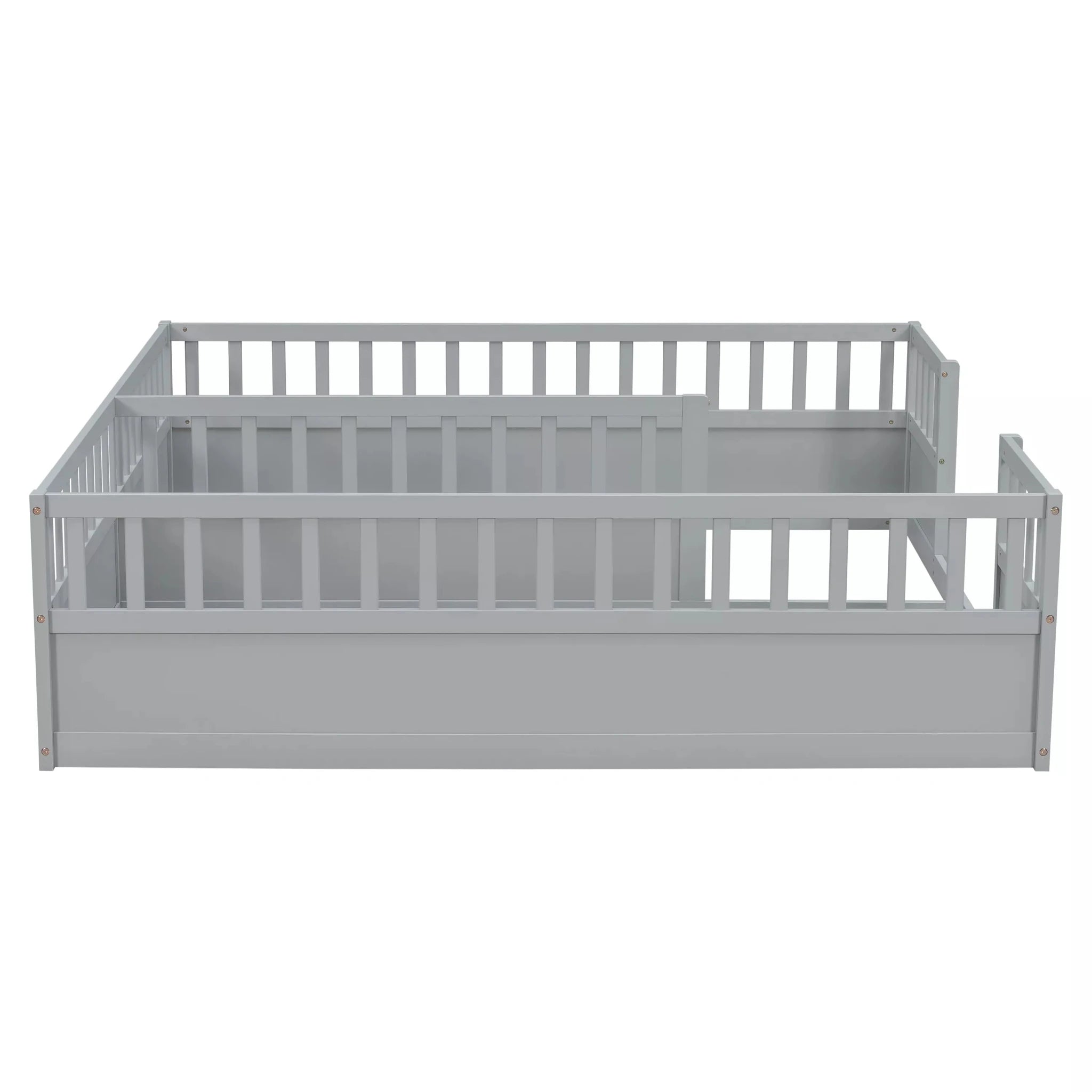 Bellemave® Double Twin Floor Bed with Guardrails, Pine Wood Kids Floor Bed with Open Entrance, Semi-Enclosed Montessori Bed Frame - Bellemave