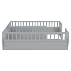 Bellemave® Double Twin Floor Bed with Guardrails, Pine Wood Kids Floor Bed with Open Entrance, Semi-Enclosed Montessori Bed Frame - Bellemave