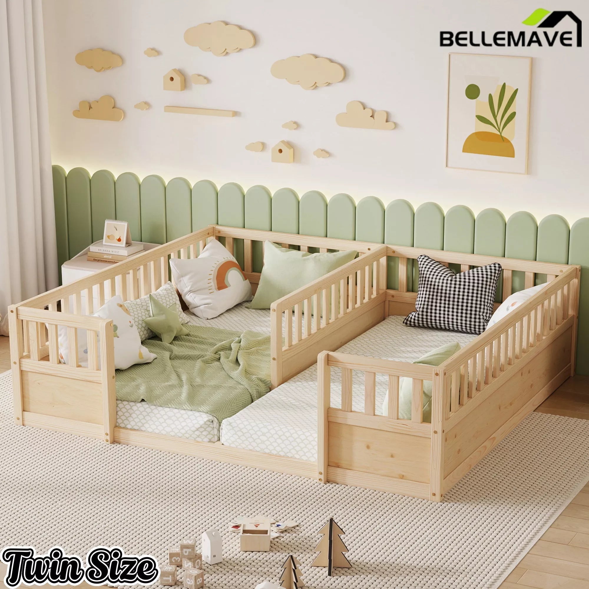 Bellemave® Double Twin Floor Bed with Guardrails, Pine Wood Kids Floor Bed with Open Entrance, Semi-Enclosed Montessori Bed Frame - Bellemave
