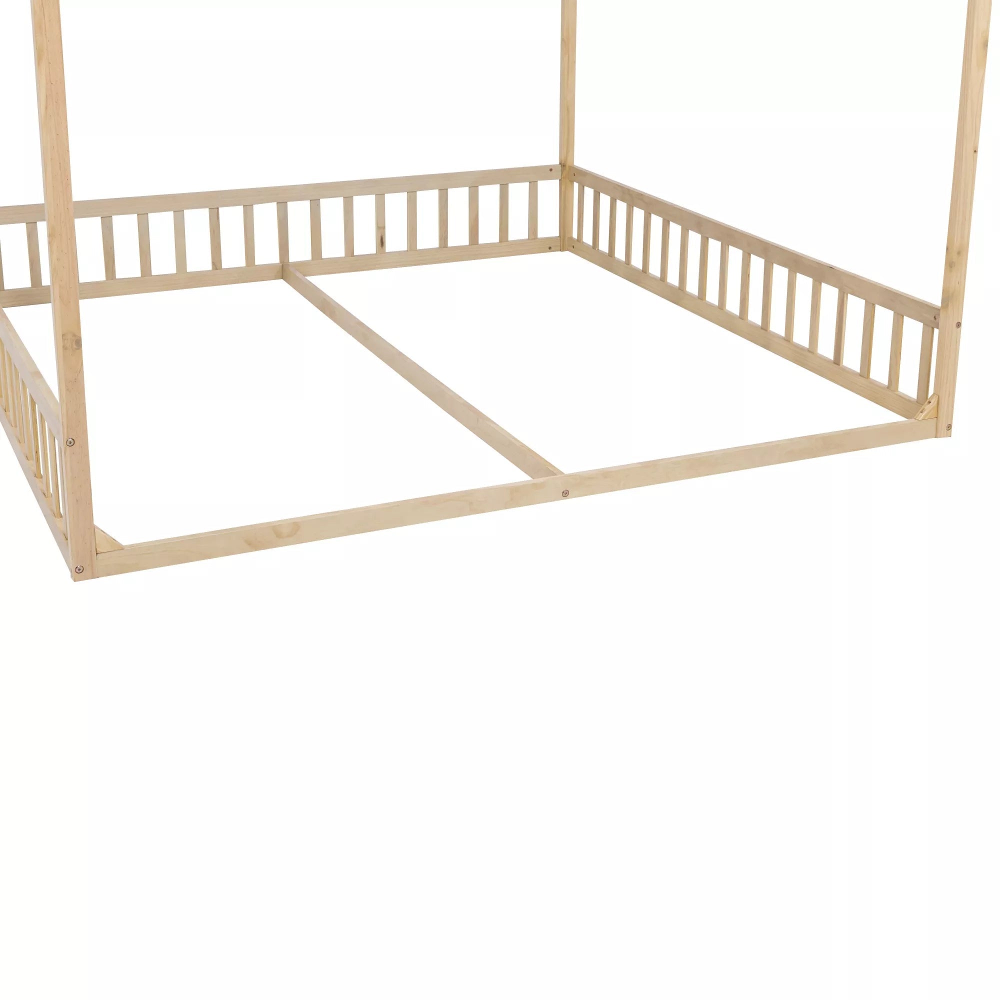 Twin floor bed with wooden safety guardrails