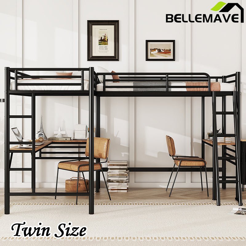 Bellemave® Double Twin Size Metal Loft Bed with Two Built - in Desks - Bellemave