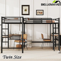 Bellemave® Double Twin Size Metal Loft Bed with Two Built - in Desks - Bellemave