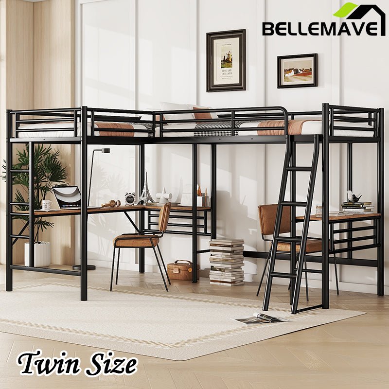 Bellemave® Double Twin Size Metal Loft Bed with Two Built - in Desks - Bellemave