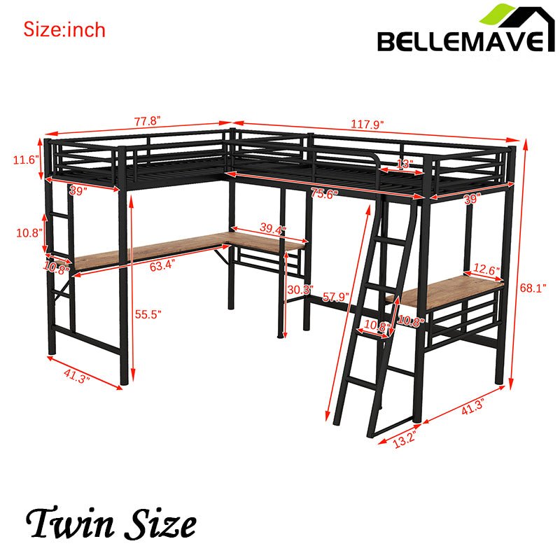 Bellemave® Double Twin Size Metal Loft Bed with Two Built - in Desks - Bellemave