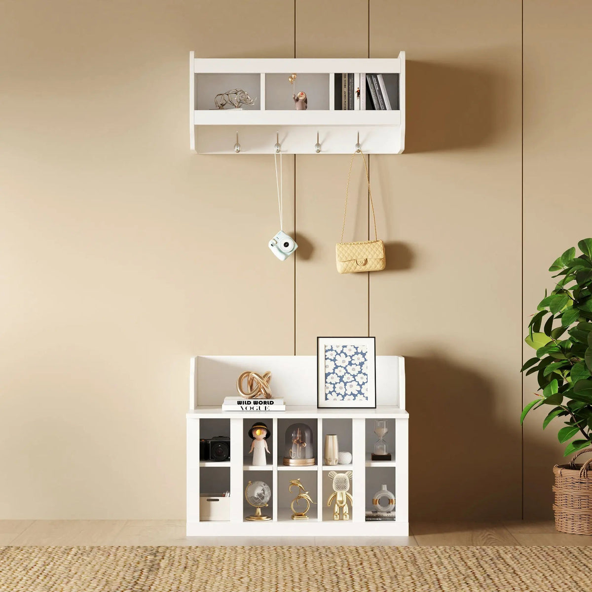 Bellemave® Elegant Hall Tree with Wall Mounted Coat Rack, Shelves and 4 Hooks - Bellemave