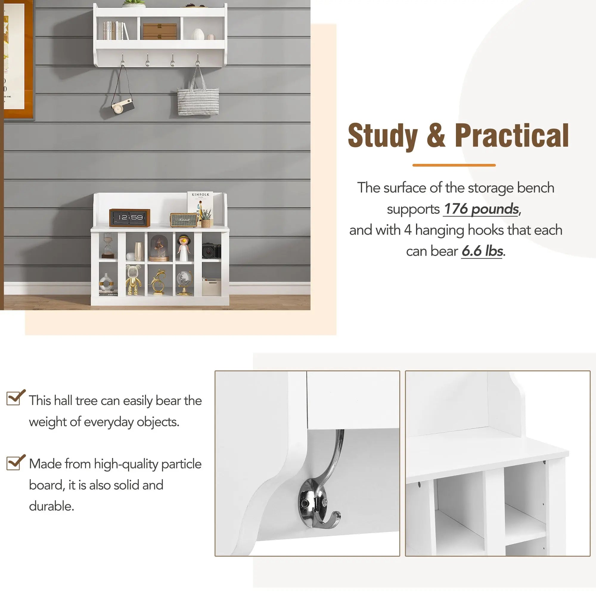 Bellemave® Elegant Hall Tree with Wall Mounted Coat Rack, Shelves and 4 Hooks - Bellemave