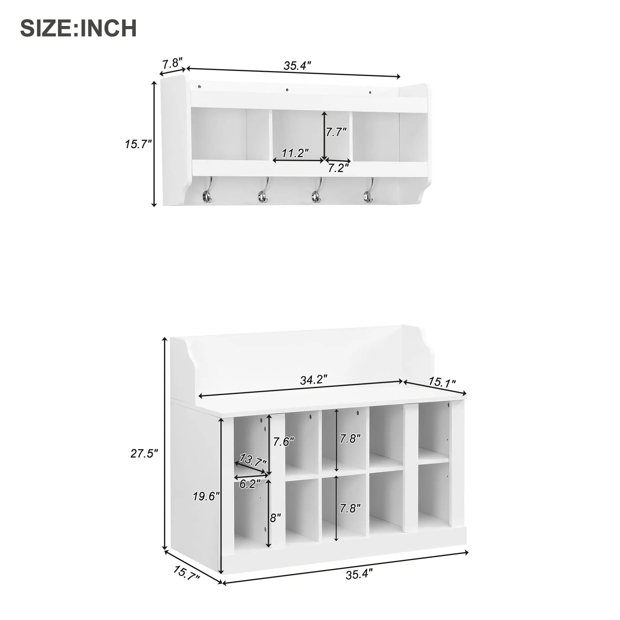 Bellemave® Elegant Hall Tree with Wall Mounted Coat Rack, Shelves and 4 Hooks - Bellemave