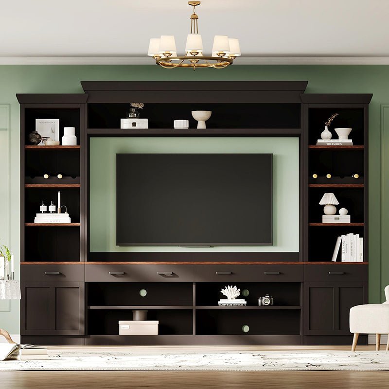 Bellemave® Farmhouse 4 - Piece Entertainment Wall Unit Set with Bookshelf , Adjustable Shelves and Wine Rack for TVs Up to 70" - Bellemave
