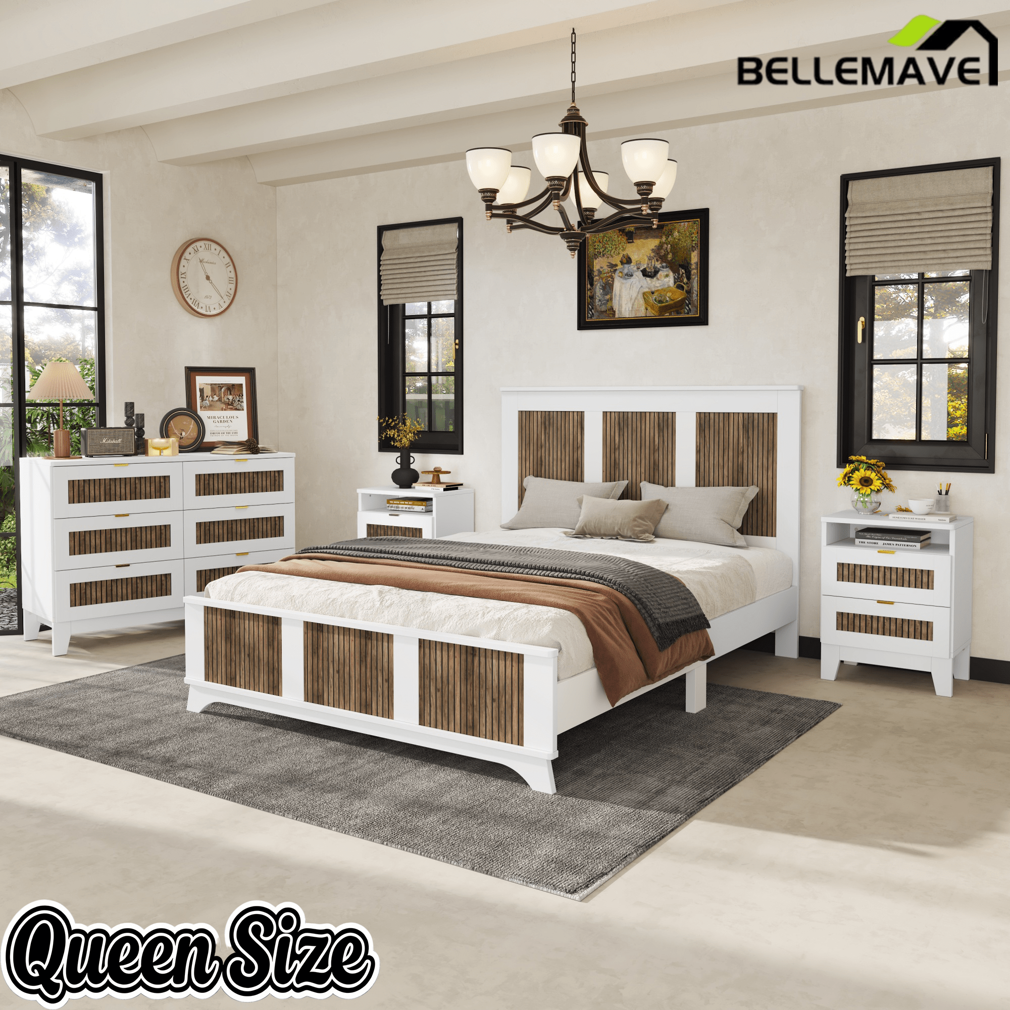 Bellemave® Farmhouse Bedroom Set, Queen Size Platform Bed with 2 Nightstands and 6 - Drawer Dresser with Metal Handles for Teens and Adults - Bellemave