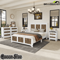 Bellemave® Farmhouse Bedroom Set, Queen Size Platform Bed with 2 Nightstands and 6 - Drawer Dresser with Metal Handles for Teens and Adults - Bellemave