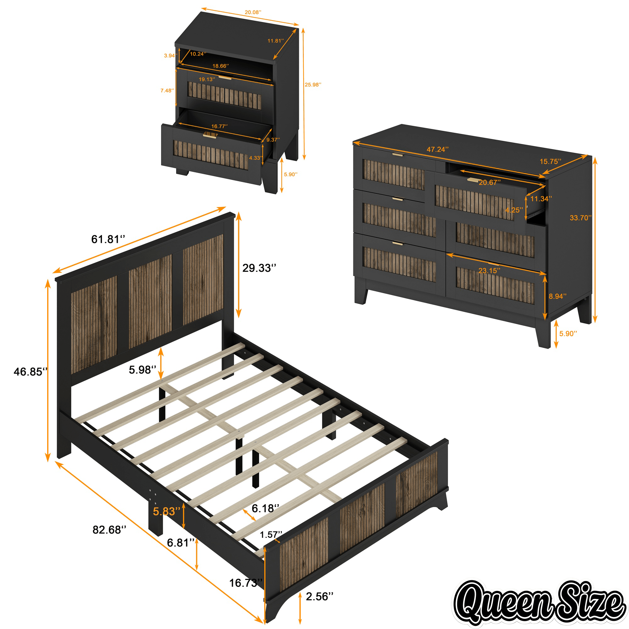 Bellemave® Farmhouse Bedroom Set, Queen Size Platform Bed with 2 Nightstands and 6 - Drawer Dresser with Metal Handles for Teens and Adults - Bellemave