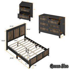Bellemave® Farmhouse Bedroom Set, Queen Size Platform Bed with 2 Nightstands and 6 - Drawer Dresser with Metal Handles for Teens and Adults - Bellemave