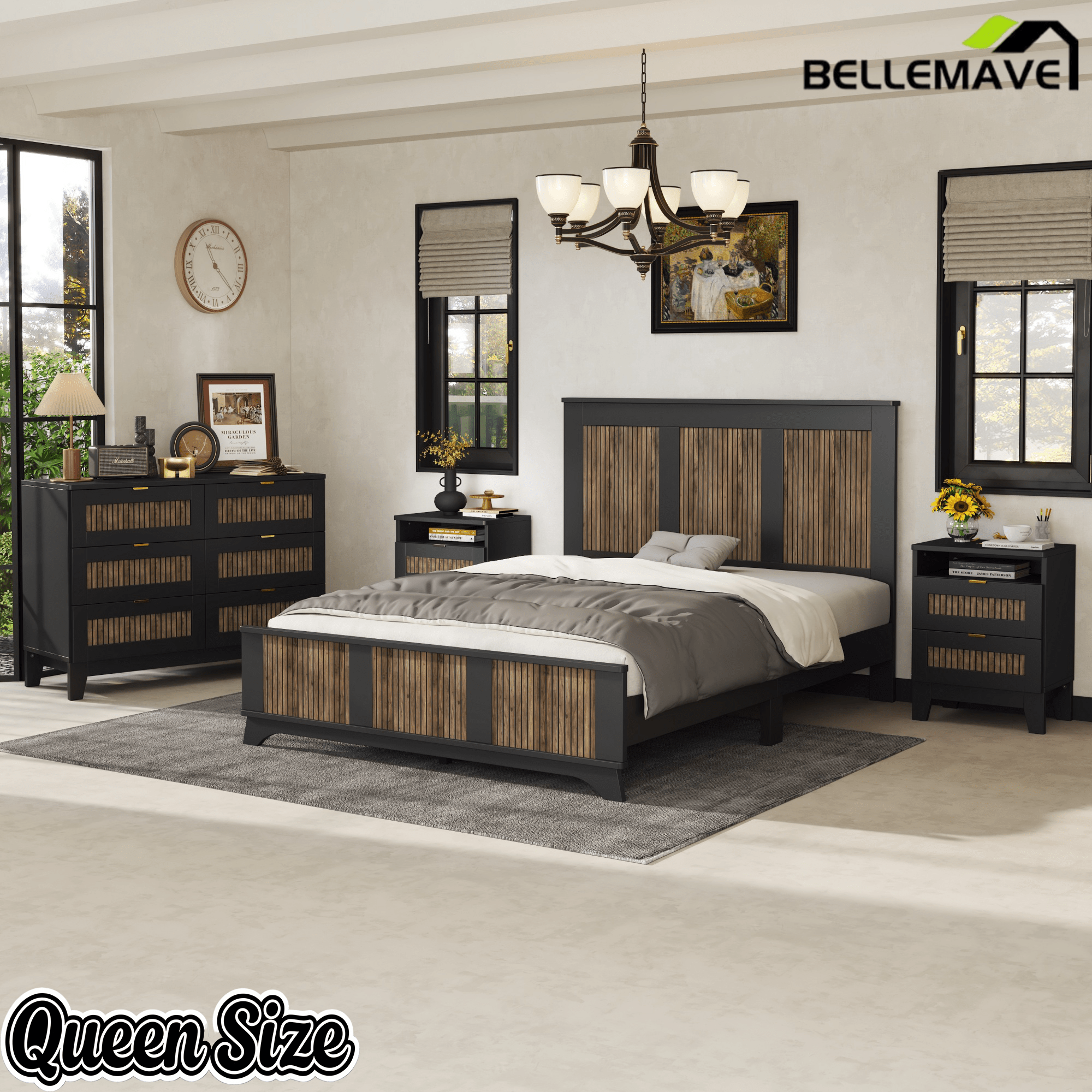Bellemave® Farmhouse Bedroom Set, Queen Size Platform Bed with 2 Nightstands and 6 - Drawer Dresser with Metal Handles for Teens and Adults - Bellemave