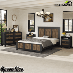 Bellemave® Farmhouse Bedroom Set, Queen Size Platform Bed with 2 Nightstands and 6 - Drawer Dresser with Metal Handles for Teens and Adults - Bellemave