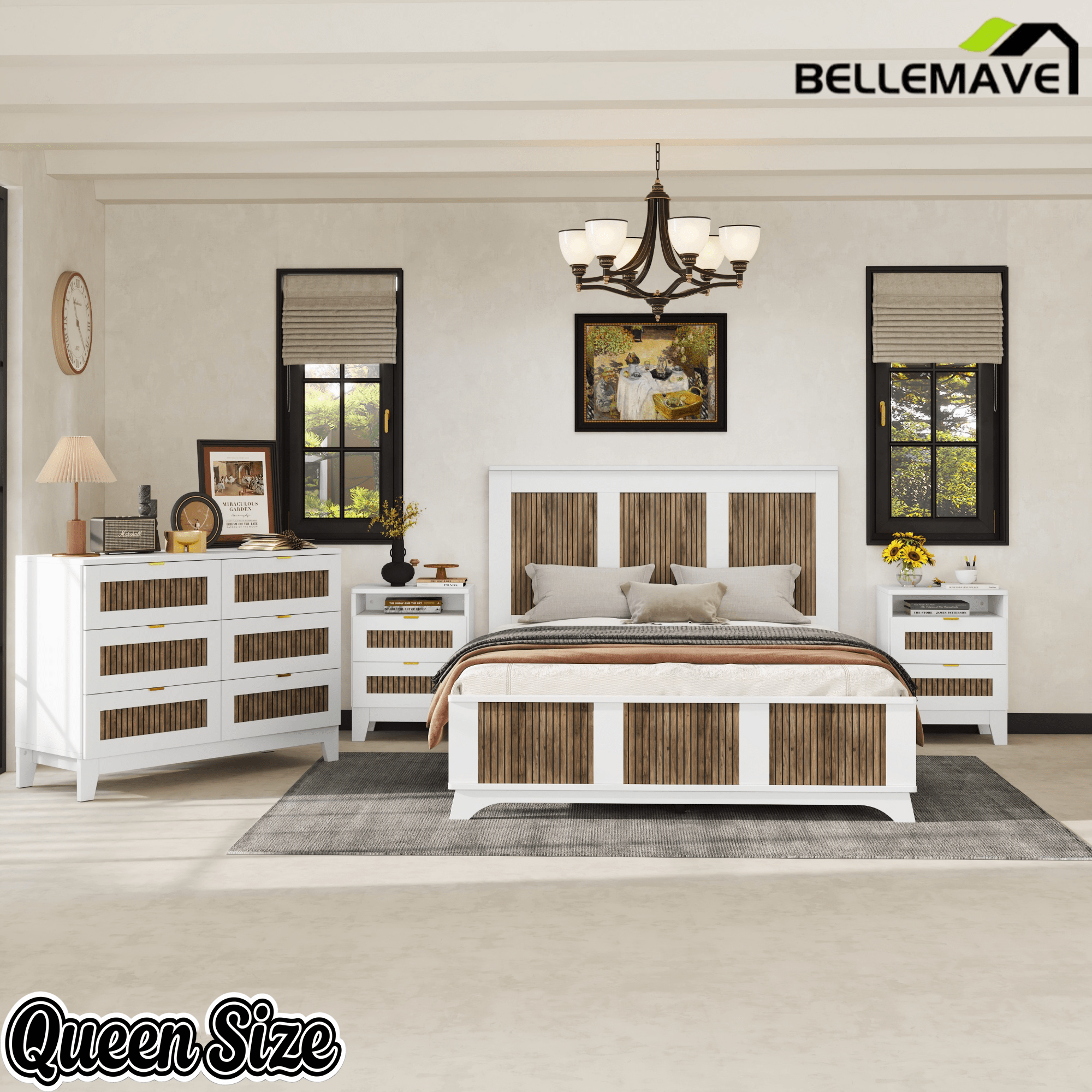 Bellemave® Farmhouse Bedroom Set, Queen Size Platform Bed with 2 Nightstands and 6 - Drawer Dresser with Metal Handles for Teens and Adults - Bellemave