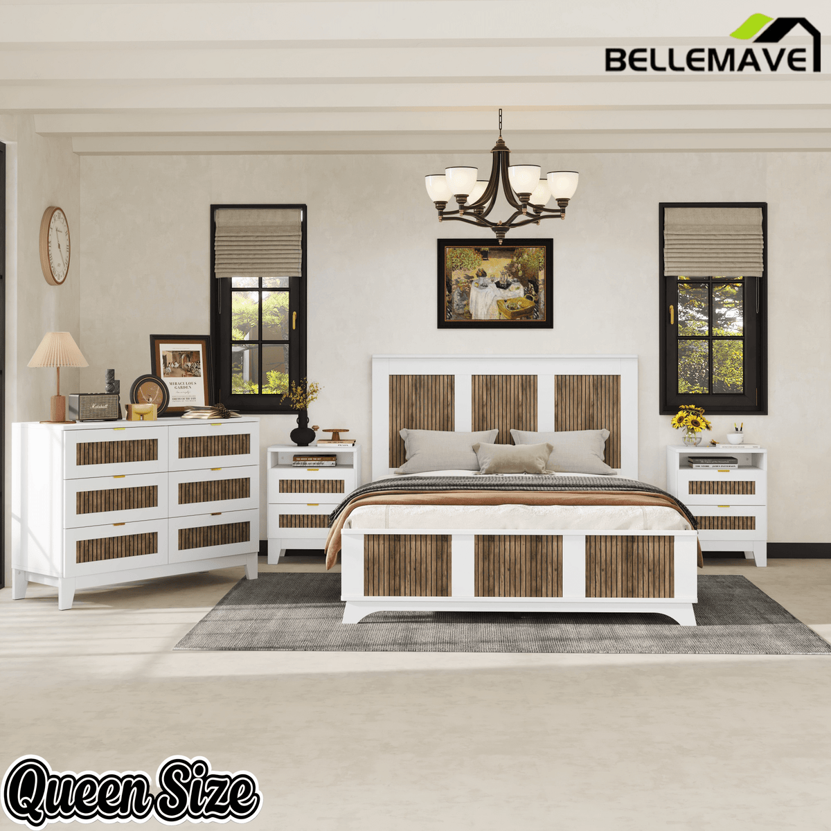 Bellemave® Farmhouse Bedroom Set, Queen Size Platform Bed with 2 Nightstands and 6 - Drawer Dresser with Metal Handles for Teens and Adults - Bellemave