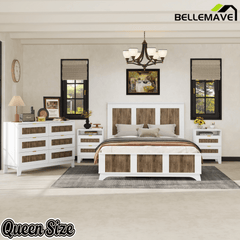 Bellemave® Farmhouse Bedroom Set, Queen Size Platform Bed with 2 Nightstands and 6 - Drawer Dresser with Metal Handles for Teens and Adults - Bellemave
