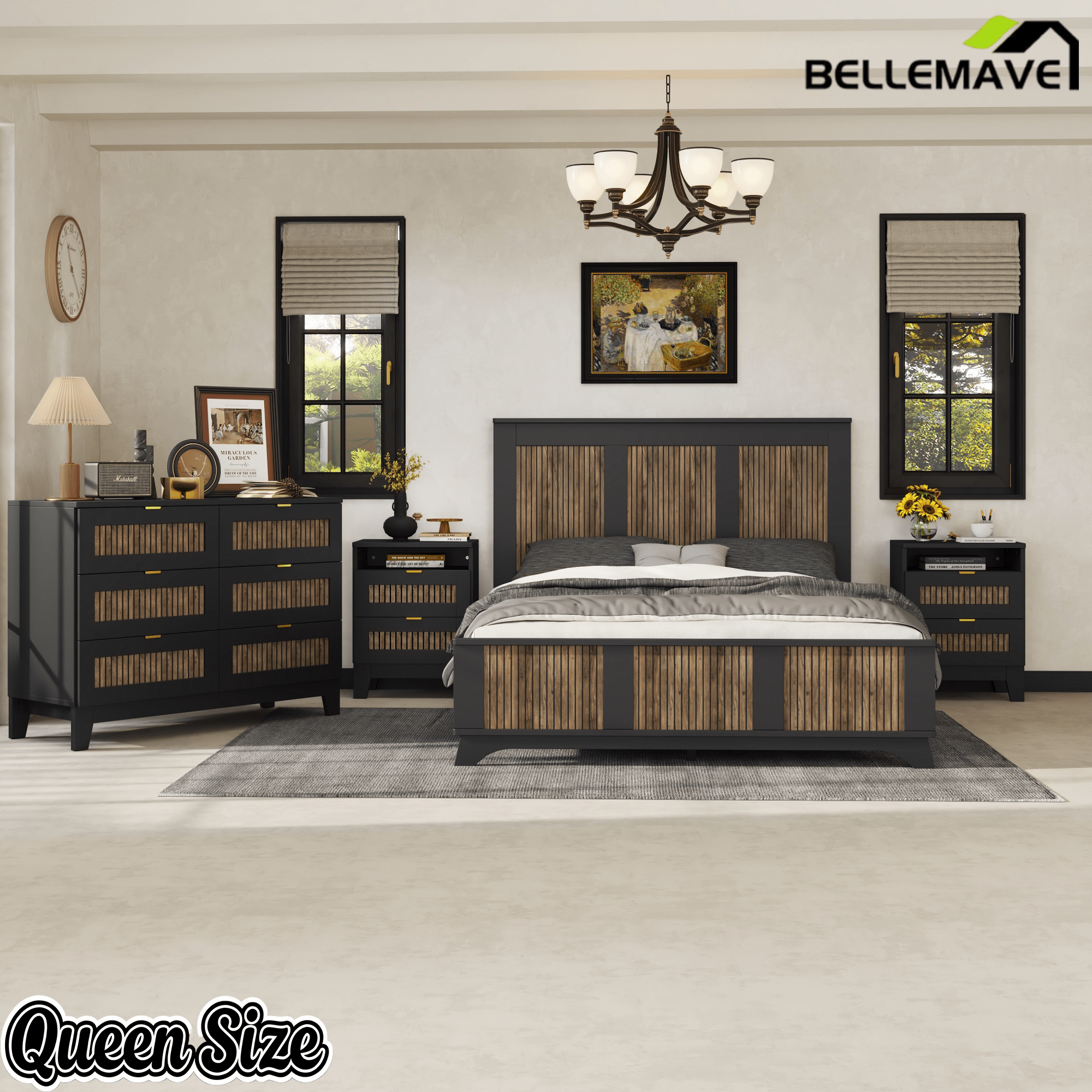 Bellemave® Farmhouse Bedroom Set, Queen Size Platform Bed with 2 Nightstands and 6 - Drawer Dresser with Metal Handles for Teens and Adults - Bellemave