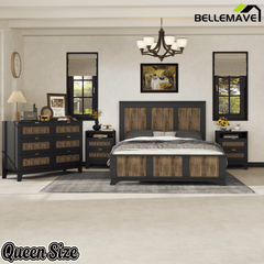 Bellemave® Farmhouse Bedroom Set, Queen Size Platform Bed with 2 Nightstands and 6 - Drawer Dresser with Metal Handles for Teens and Adults - Bellemave