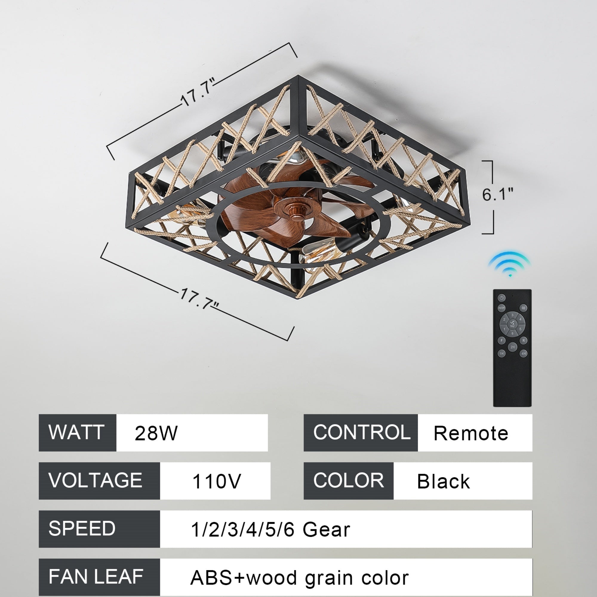 Bellemave® Farmhouse Ceiling Fan with Remote Control – Square Caged Industrial Design, 6 - Speed Noiseless DC Motor - Bellemave