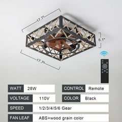 Bellemave® Farmhouse Ceiling Fan with Remote Control – Square Caged Industrial Design, 6 - Speed Noiseless DC Motor - Bellemave