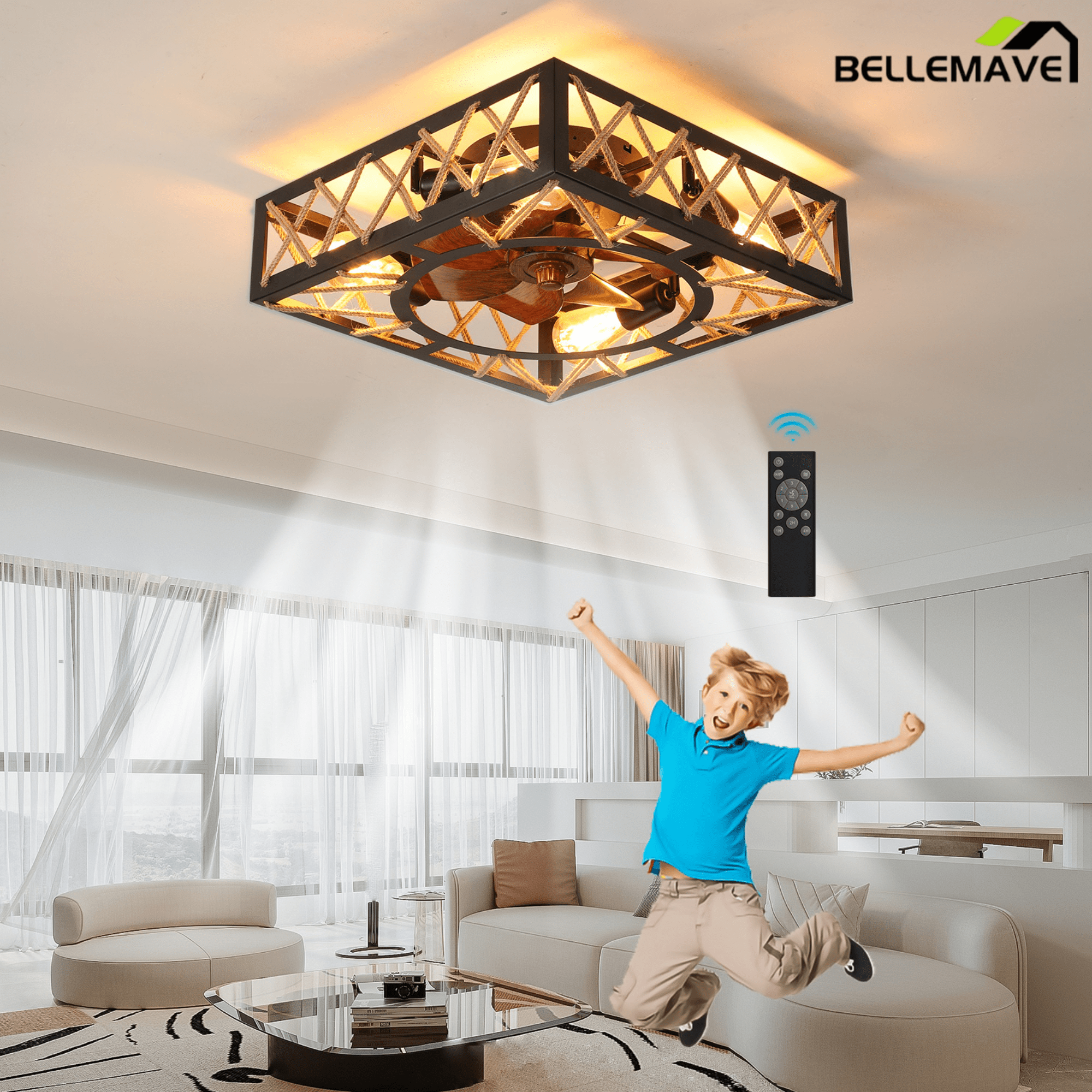 Bellemave® Farmhouse Ceiling Fan with Remote Control – Square Caged Industrial Design, 6 - Speed Noiseless DC Motor - Bellemave